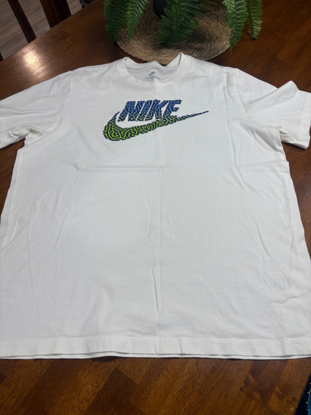Nike White Short-Sleeve Tee with Blue and Green Swoosh